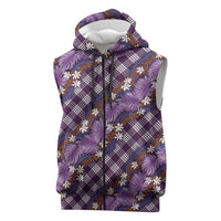 Polynesian Monstera Tiare Floral Sleeveless Zip Hoodie Lavender Tropical Plaid - Polynesian Pride