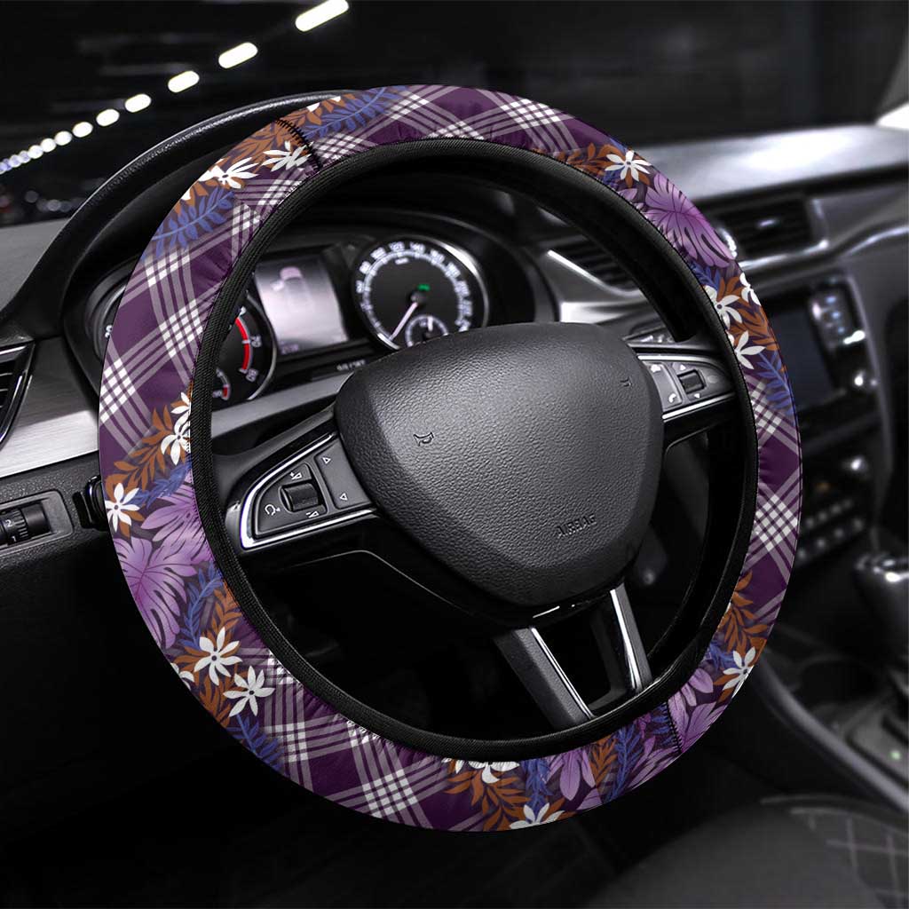 Polynesian Monstera Tiare Floral Steering Wheel Cover Lavender Tropical Plaid LT01 Universal Fit Purple - Polynesian Pride