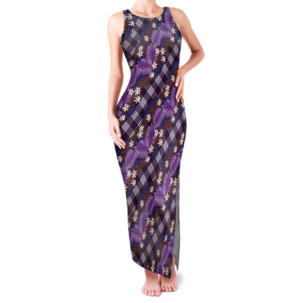 Polynesian Monstera Tiare Floral Tank Maxi Dress Lavender Tropical Plaid - Polynesian Pride