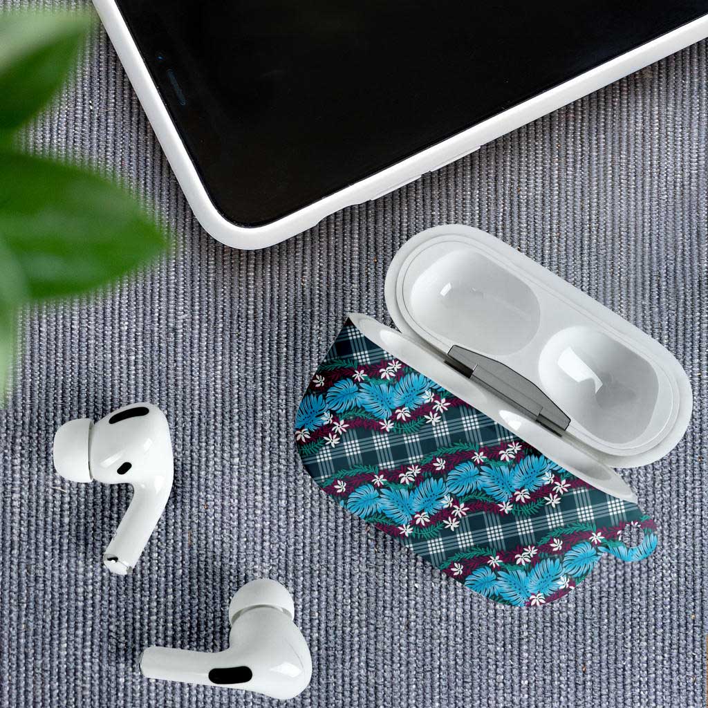 Polynesian Monstera Tiare Floral AirPods Case Dark Teal Tropical Plaid - Polynesian Pride