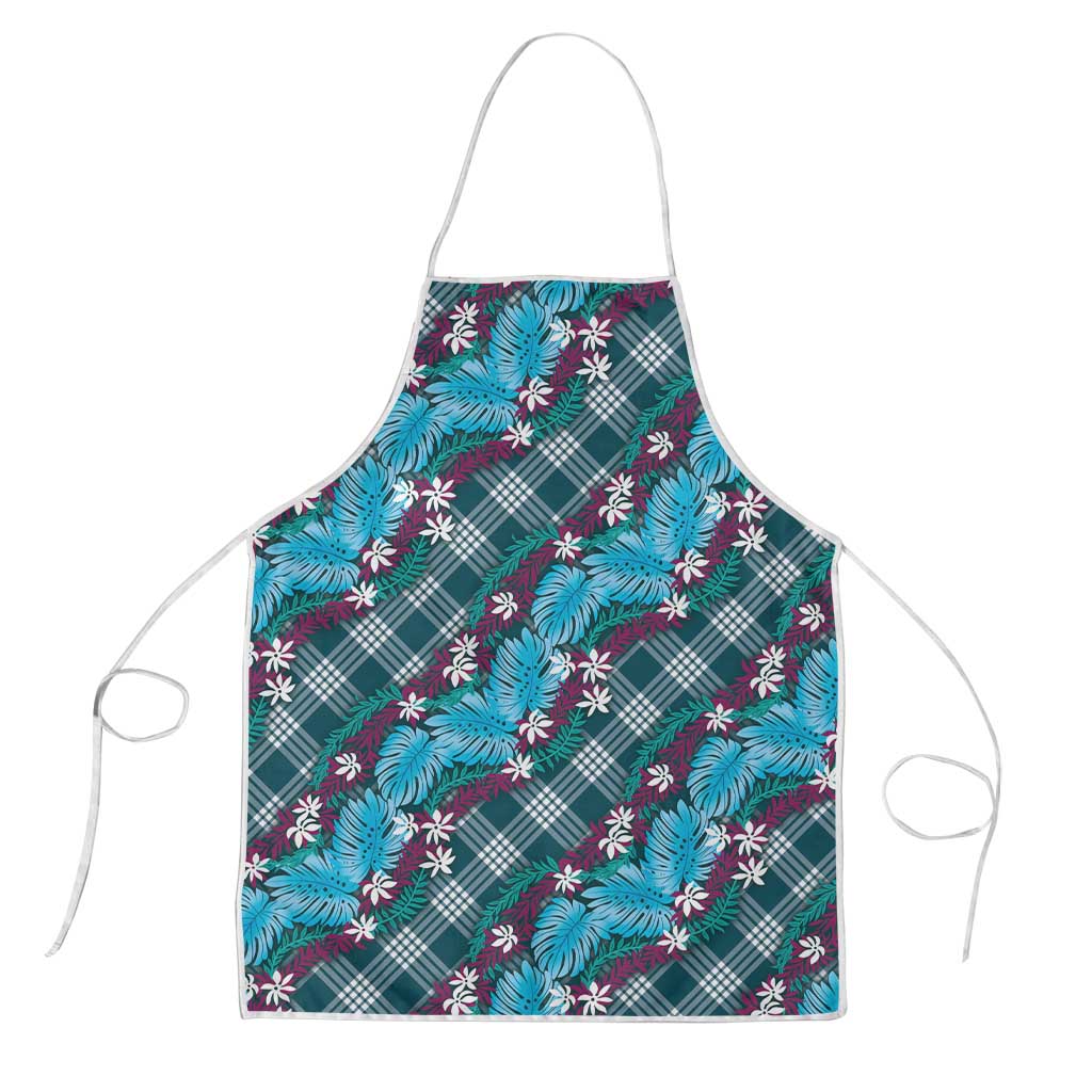 Polynesian Monstera Tiare Floral Apron Dark Teal Tropical Plaid - Polynesian Pride