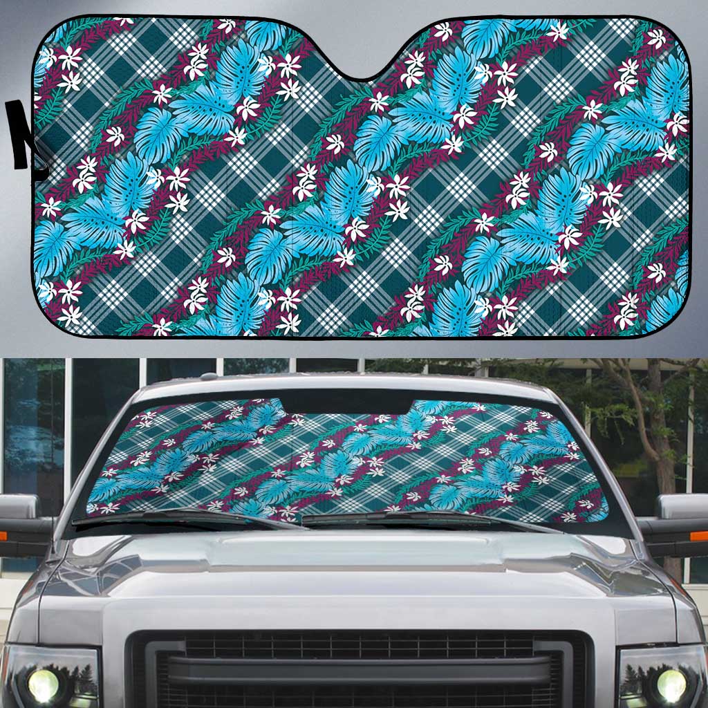 Polynesian Monstera Tiare Floral Auto Sun Shade Dark Teal Tropical Plaid LT01 Teal - Polynesian Pride