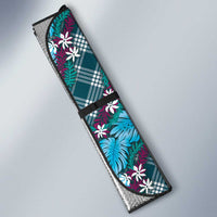 Polynesian Monstera Tiare Floral Auto Sun Shade Dark Teal Tropical Plaid - Polynesian Pride