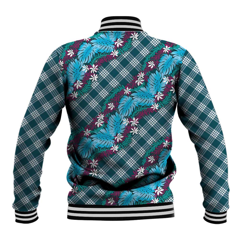 Polynesian Monstera Tiare Floral Baseball Jacket Dark Teal Tropical Plaid LT01 - Polynesian Pride