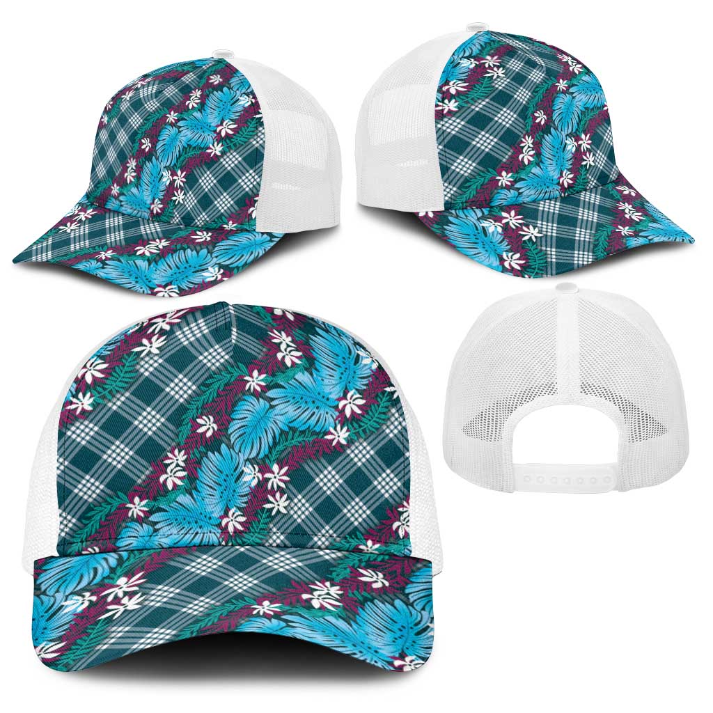 Polynesian Monstera Tiare Floral Baseball Net Cap Dark Teal Tropical Plaid - Polynesian Pride