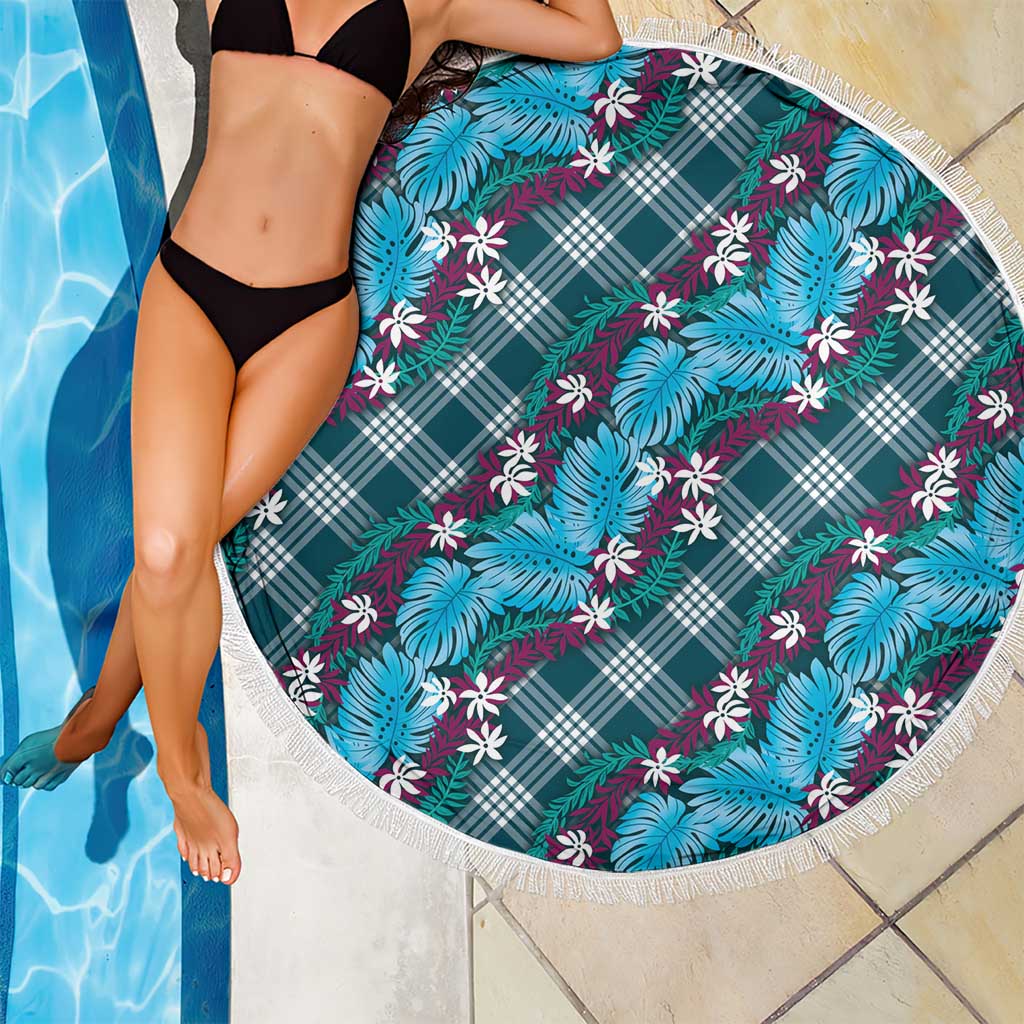 Polynesian Monstera Tiare Floral Beach Blanket Dark Teal Tropical Plaid - Polynesian Pride