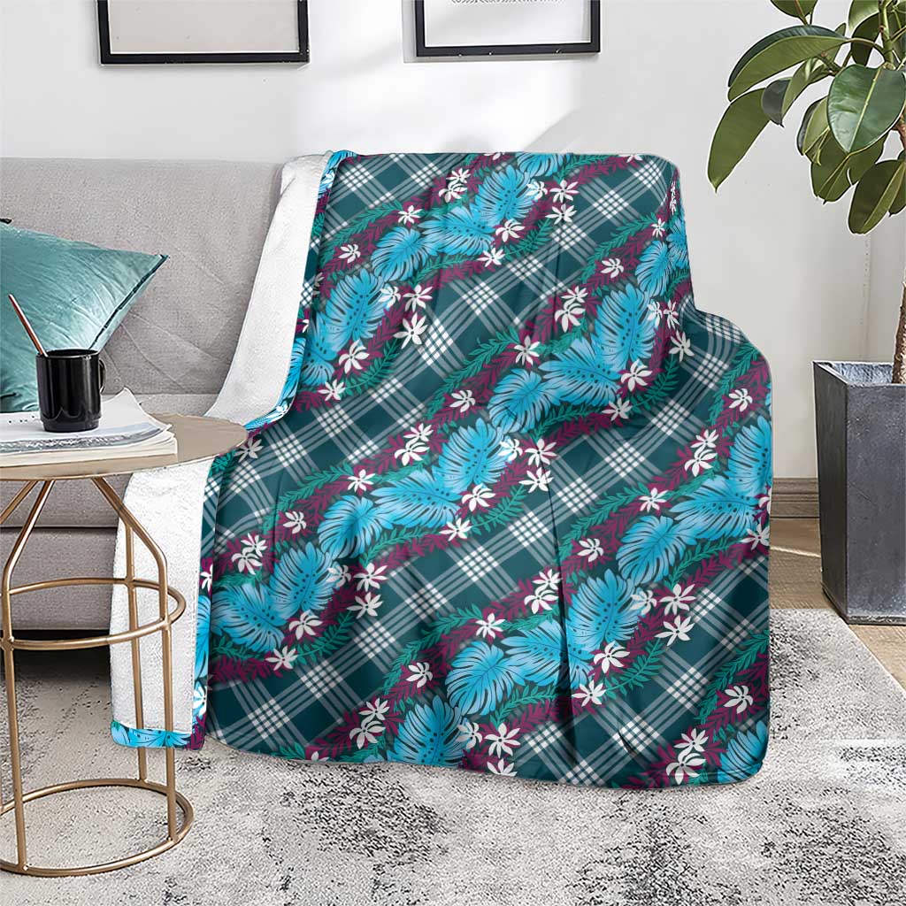 Polynesian Monstera Tiare Floral Blanket Dark Teal Tropical Plaid - Polynesian Pride