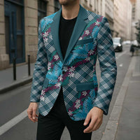 Polynesian Monstera Tiare Floral Blazer Dark Teal Tropical Plaid - Polynesian Pride