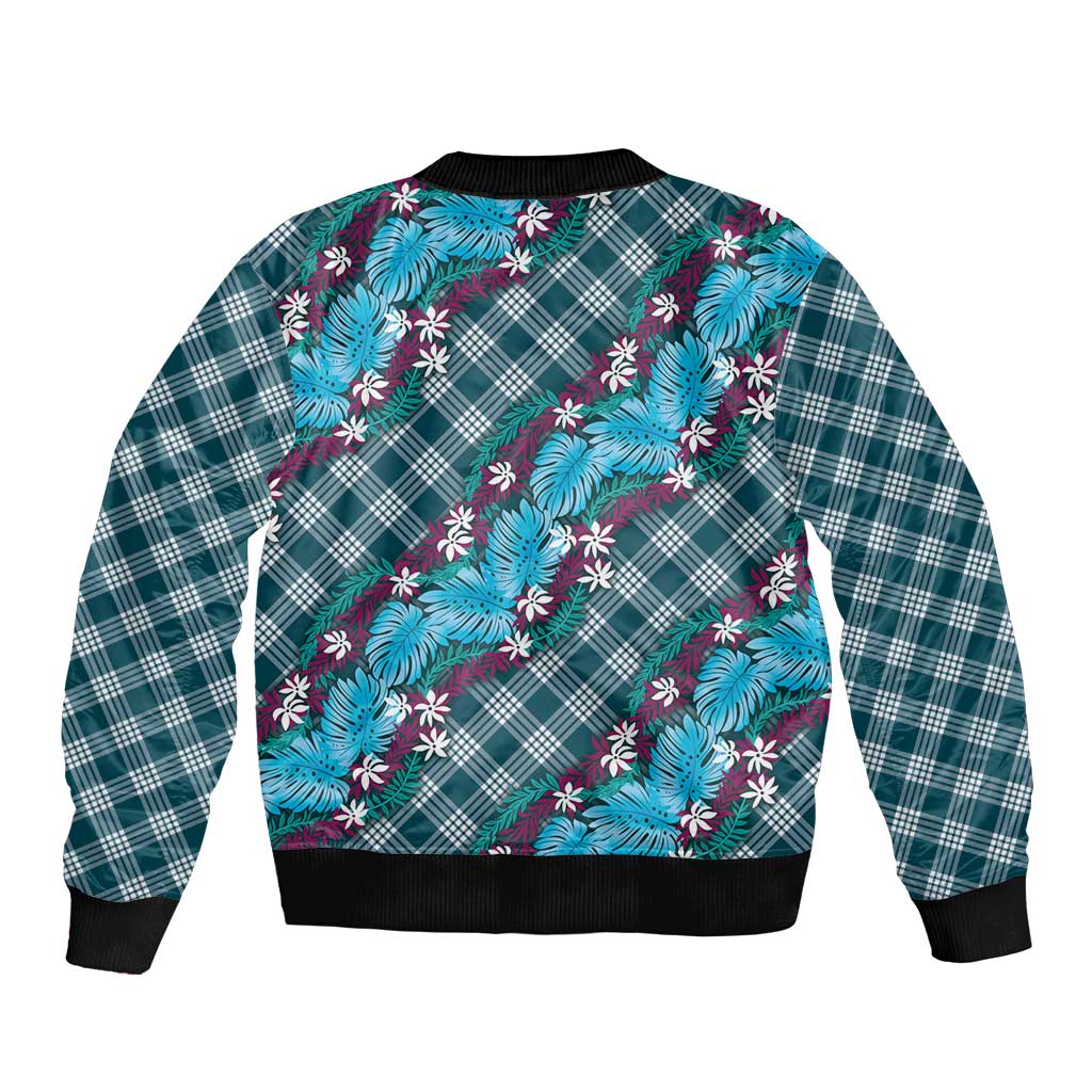 Polynesian Monstera Tiare Floral Bomber Jacket Dark Teal Tropical Plaid LT01 - Polynesian Pride