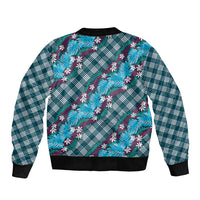 Polynesian Monstera Tiare Floral Bomber Jacket Dark Teal Tropical Plaid LT01 - Polynesian Pride