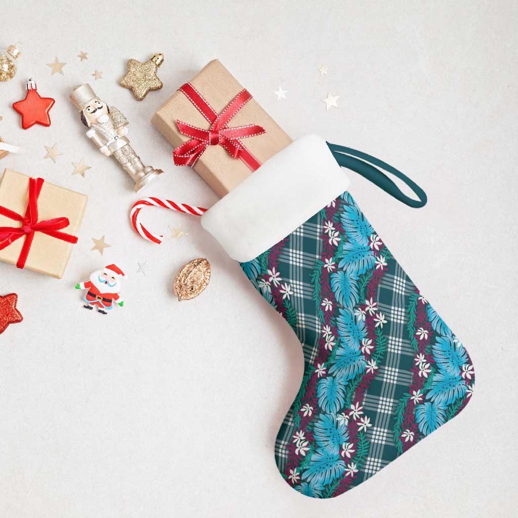 Polynesian Monstera Tiare Floral Christmas Stocking Dark Teal Tropical Plaid - Polynesian Pride