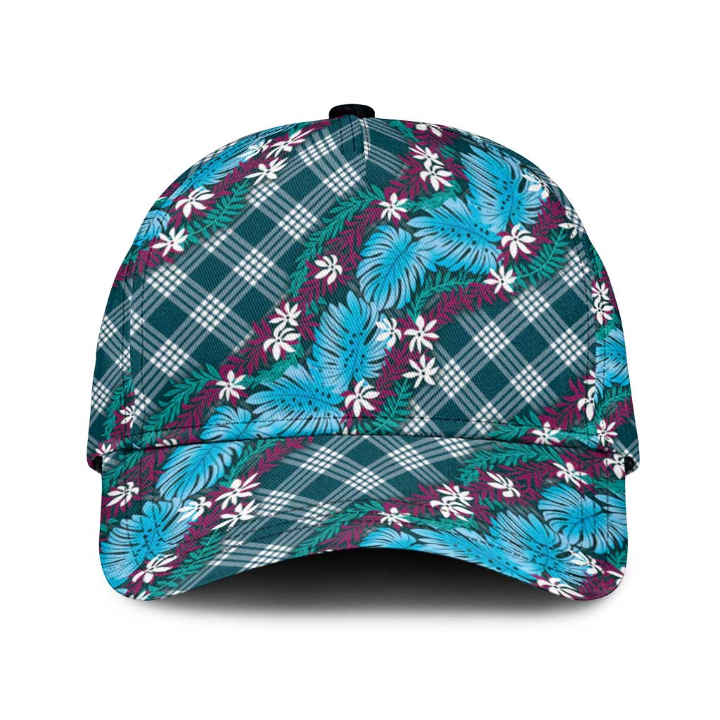 Polynesian Monstera Tiare Floral Classic Cap Dark Teal Tropical Plaid - Polynesian Pride