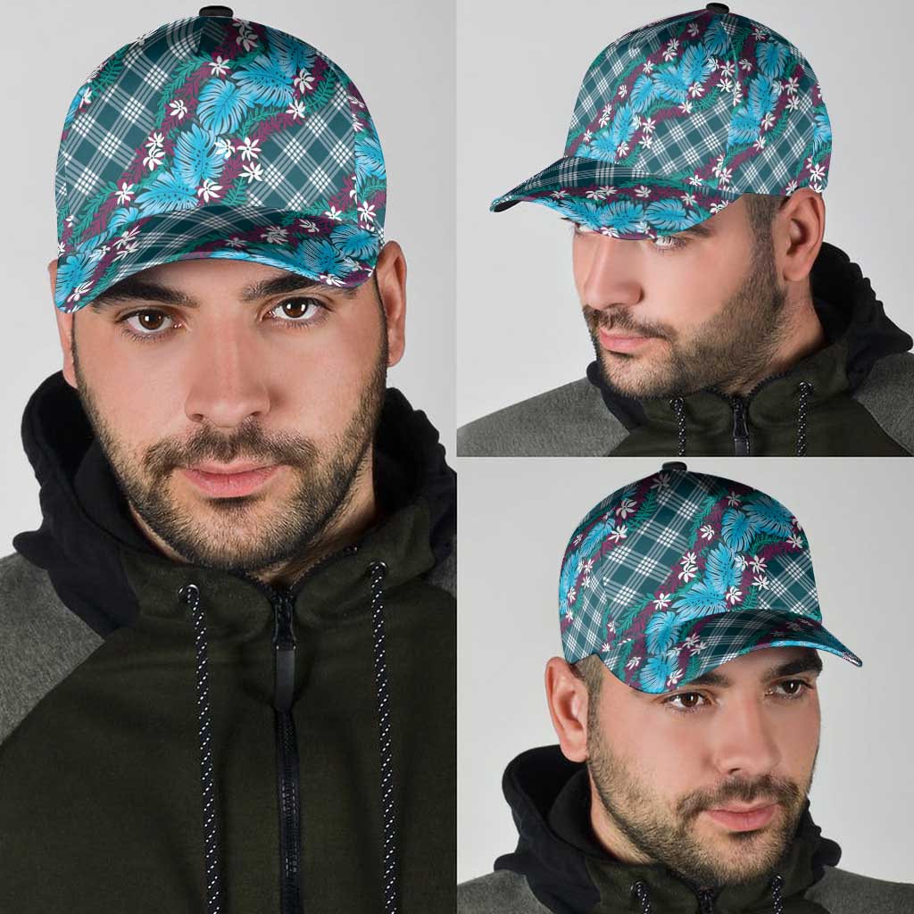 Polynesian Monstera Tiare Floral Classic Cap Dark Teal Tropical Plaid - Polynesian Pride