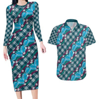 Polynesian Monstera Tiare Floral Couples Matching Long Sleeve Bodycon Dress and Hawaiian Shirt Dark Teal Tropical Plaid LT01 Teal - Polynesian Pride