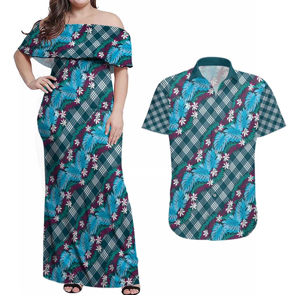 Polynesian Monstera Tiare Floral Couples Matching Off Shoulder Maxi Dress and Hawaiian Shirt Dark Teal Tropical Plaid LT01 Teal - Polynesian Pride