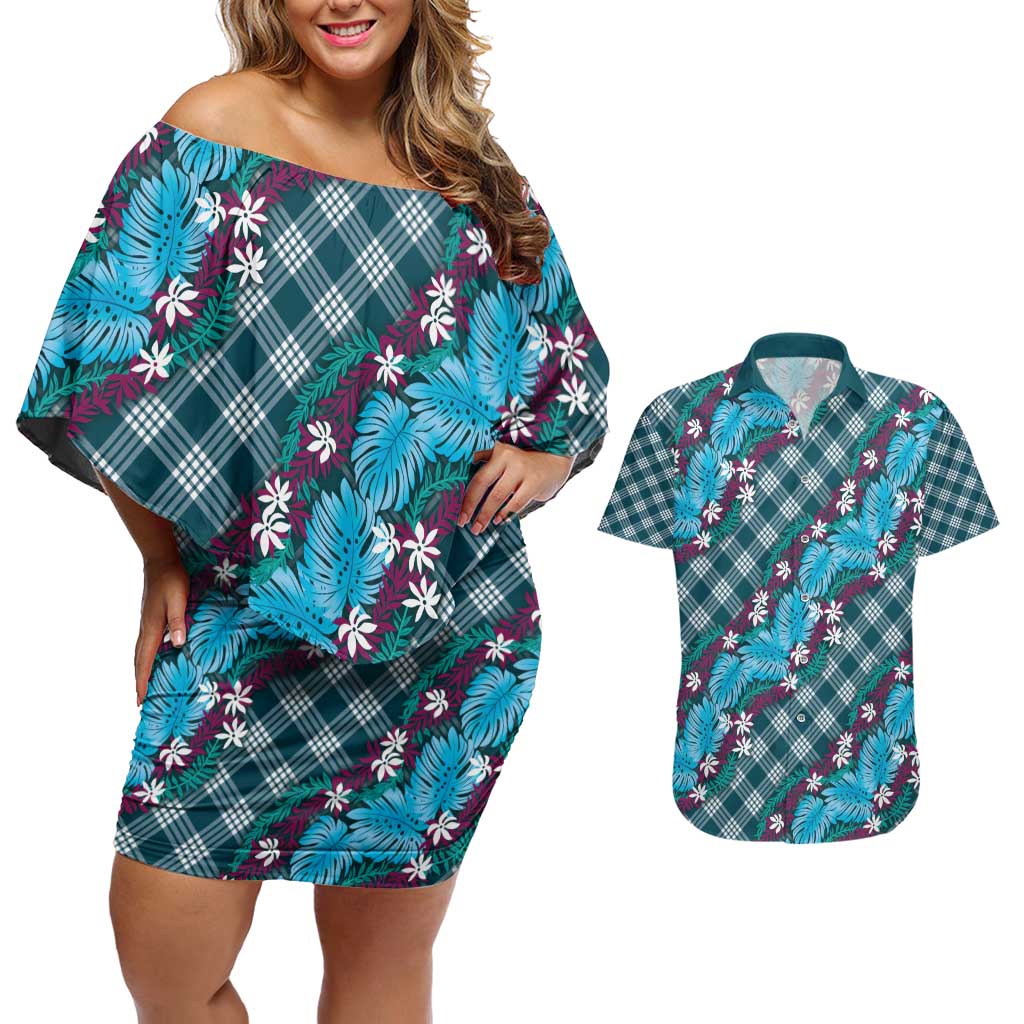Polynesian Monstera Tiare Floral Couples Matching Off Shoulder Short Dress and Hawaiian Shirt Dark Teal Tropical Plaid LT01 Teal - Polynesian Pride