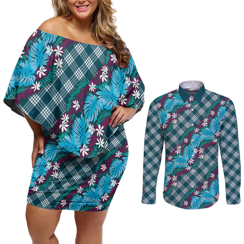 Polynesian Monstera Tiare Floral Couples Matching Off Shoulder Short Dress and Long Sleeve Button Shirt Dark Teal Tropical Plaid LT01 Teal - Polynesian Pride