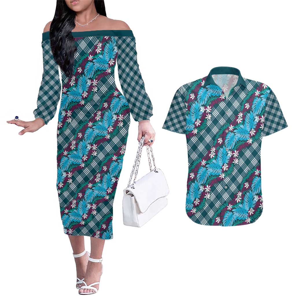 Polynesian Monstera Tiare Floral Couples Matching Off The Shoulder Long Sleeve Dress and Hawaiian Shirt Dark Teal Tropical Plaid LT01 Teal - Polynesian Pride