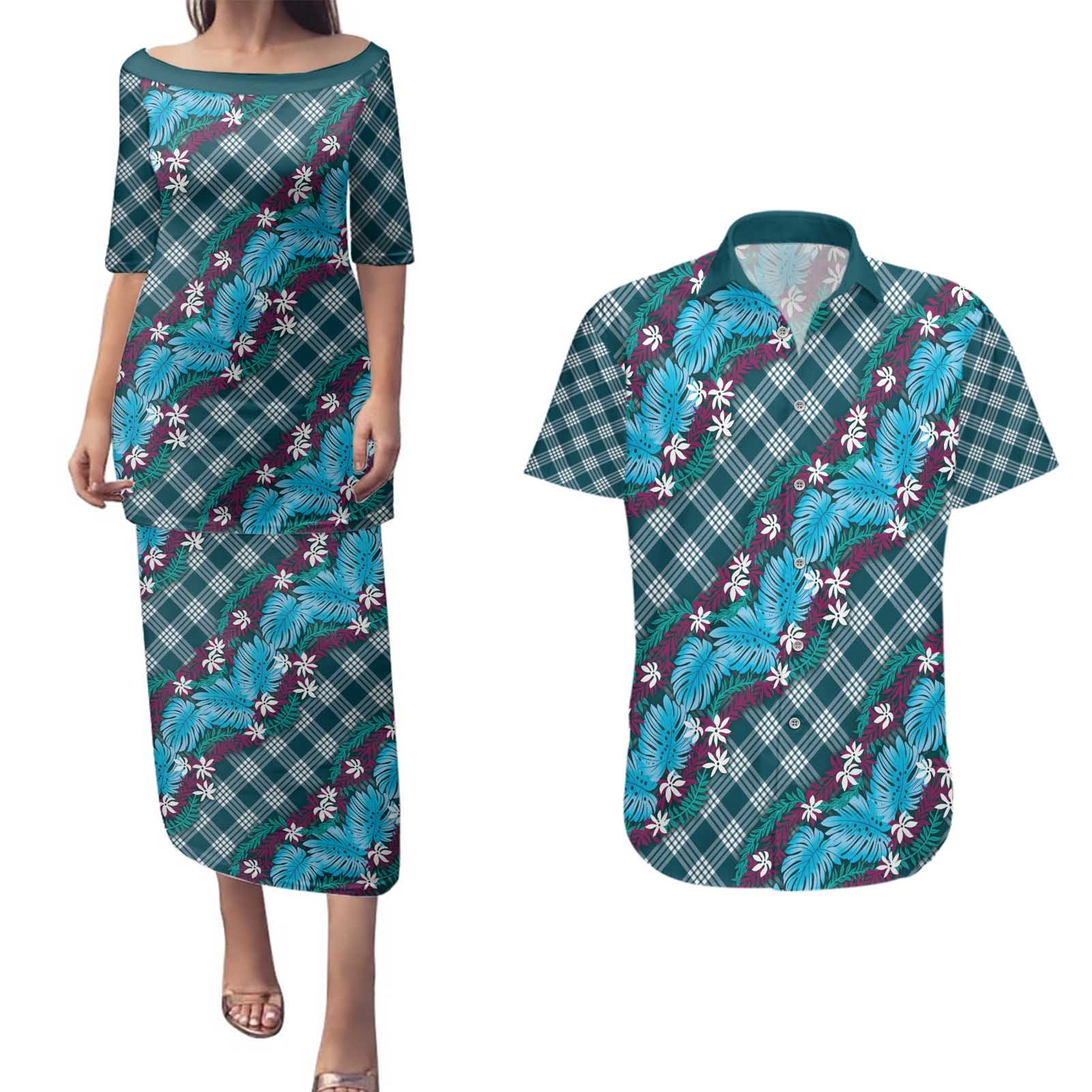 Polynesian Monstera Tiare Floral Couples Matching Puletasi and Hawaiian Shirt Dark Teal Tropical Plaid - Polynesian Pride