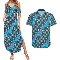 Polynesian Monstera Tiare Floral Couples Matching Summer Maxi Dress and Hawaiian Shirt Dark Teal Tropical Plaid LT01 Teal - Polynesian Pride