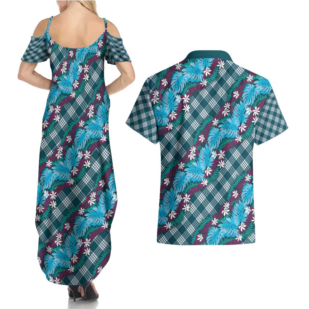 Polynesian Monstera Tiare Floral Couples Matching Summer Maxi Dress and Hawaiian Shirt Dark Teal Tropical Plaid LT01 - Polynesian Pride