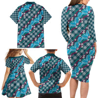 Polynesian Monstera Tiare Floral Family Matching Long Sleeve Bodycon Dress and Hawaiian Shirt Dark Teal Tropical Plaid LT01 - Polynesian Pride