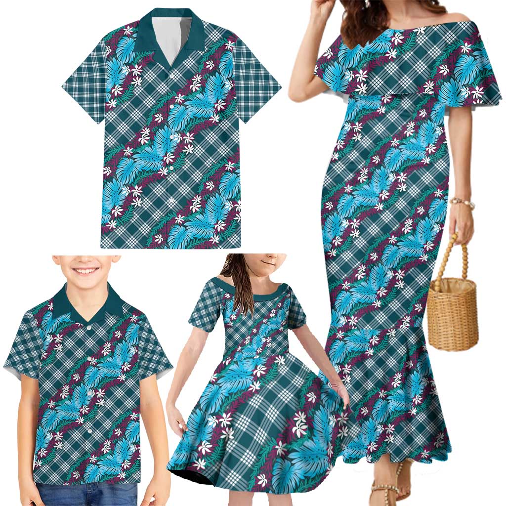 Polynesian Monstera Tiare Floral Family Matching Mermaid Dress and Hawaiian Shirt Dark Teal Tropical Plaid LT01 - Polynesian Pride