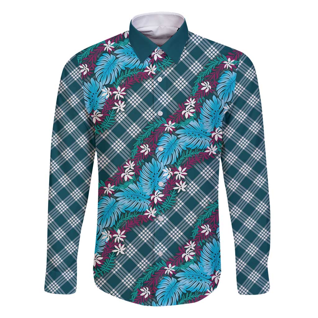 Polynesian Monstera Tiare Floral Family Matching Mermaid Dress and Hawaiian Shirt Dark Teal Tropical Plaid LT01 Dad's Shirt - Long Sleeve Teal - Polynesian Pride