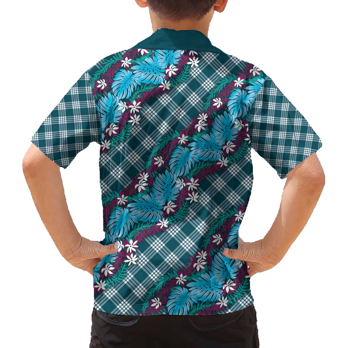 Polynesian Monstera Tiare Floral Family Matching Off The Shoulder Long Sleeve Dress and Hawaiian Shirt Dark Teal Tropical Plaid LT01 - Polynesian Pride
