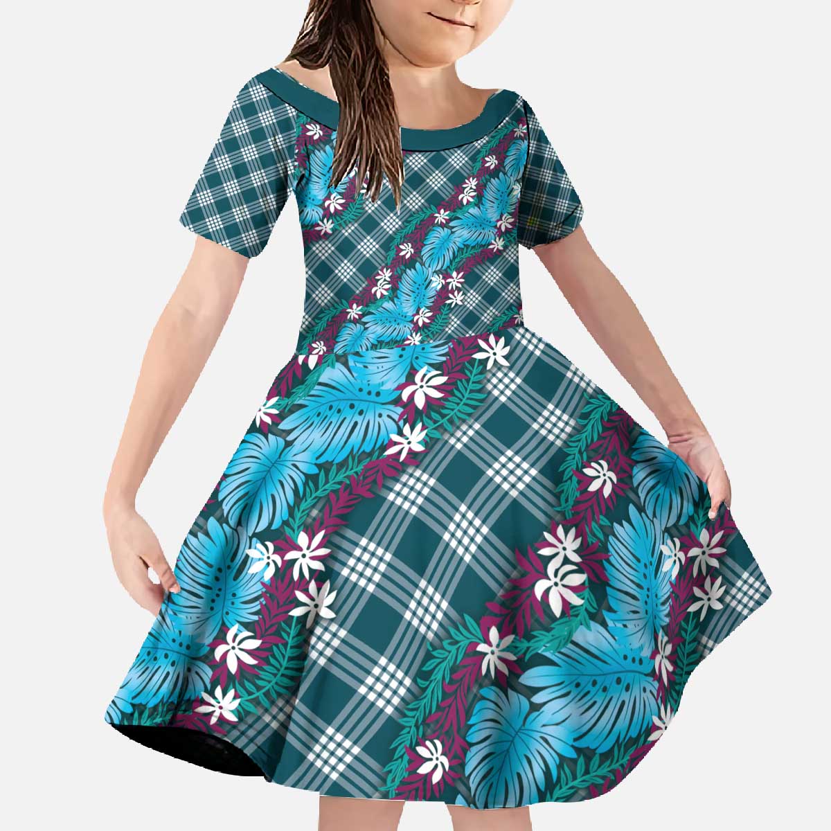Polynesian Monstera Tiare Floral Family Matching Off The Shoulder Long Sleeve Dress and Hawaiian Shirt Dark Teal Tropical Plaid LT01 Daughter's Dress Teal - Polynesian Pride