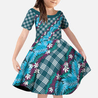 Polynesian Monstera Tiare Floral Family Matching Off The Shoulder Long Sleeve Dress and Hawaiian Shirt Dark Teal Tropical Plaid LT01 Daughter's Dress Teal - Polynesian Pride