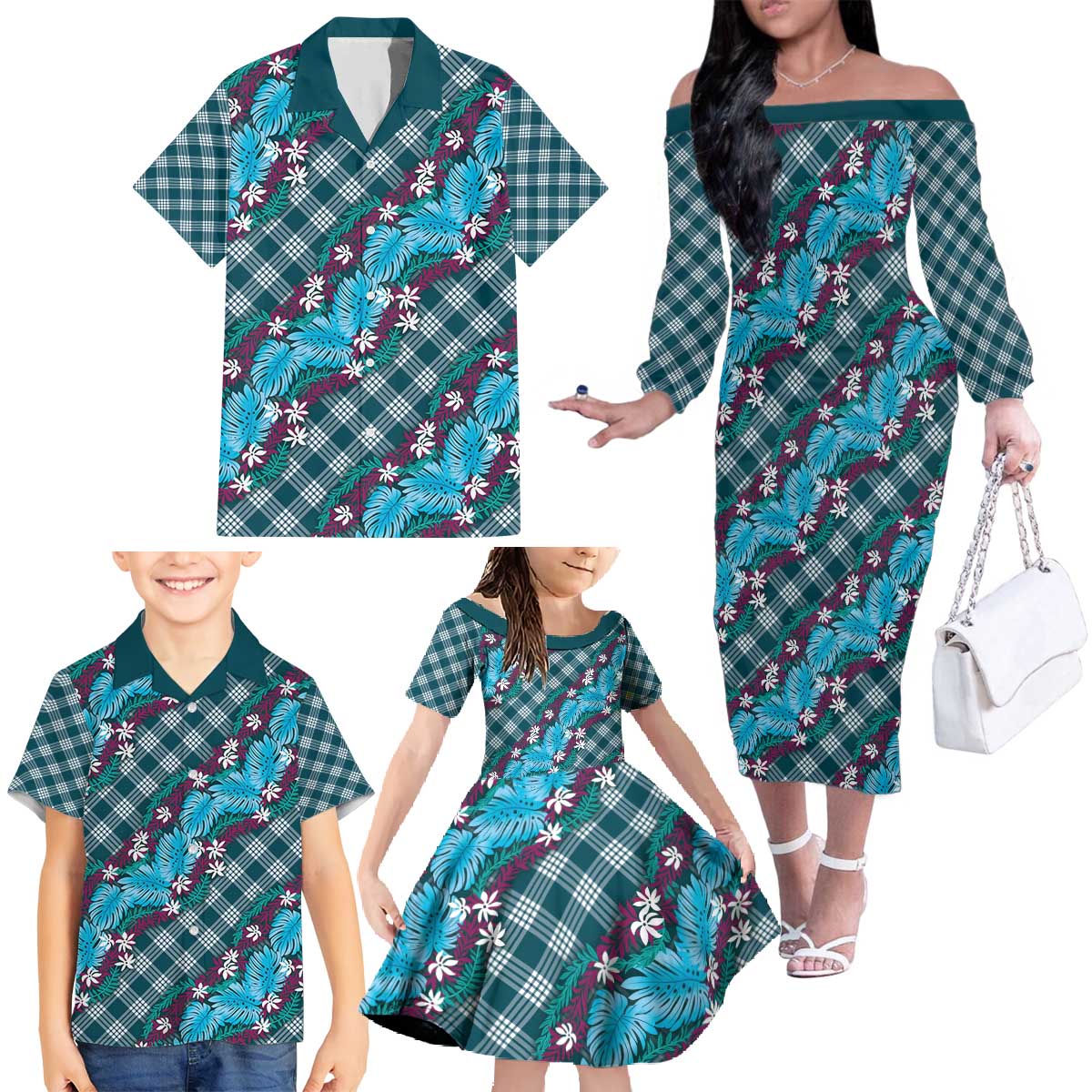 Polynesian Monstera Tiare Floral Family Matching Off The Shoulder Long Sleeve Dress and Hawaiian Shirt Dark Teal Tropical Plaid LT01 - Polynesian Pride