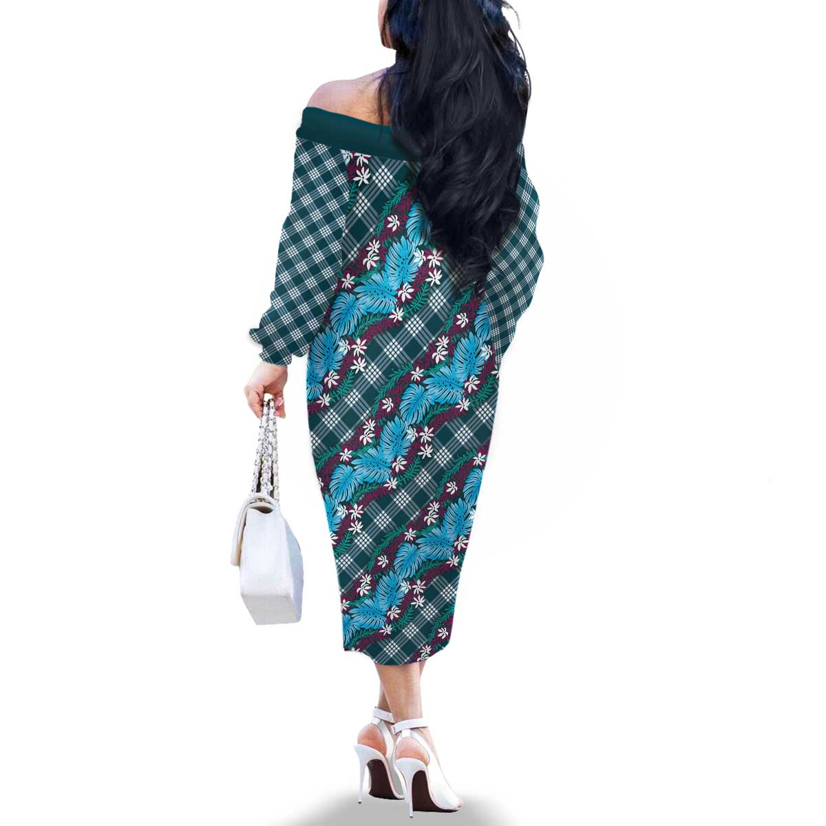 Polynesian Monstera Tiare Floral Family Matching Off The Shoulder Long Sleeve Dress and Hawaiian Shirt Dark Teal Tropical Plaid LT01 - Polynesian Pride