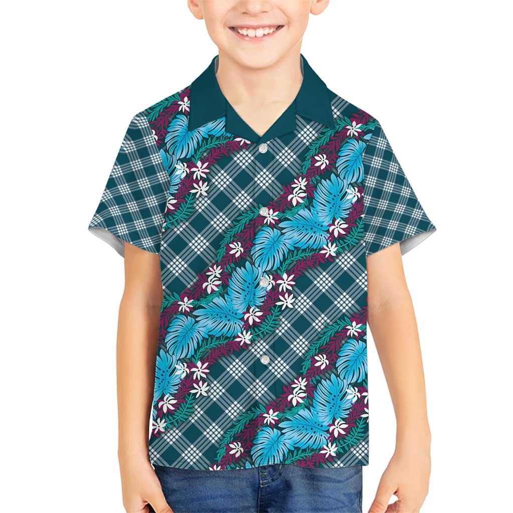 Polynesian Monstera Tiare Floral Family Matching Off Shoulder Maxi Dress and Hawaiian Shirt Dark Teal Tropical Plaid LT01 Son's Shirt Teal - Polynesian Pride
