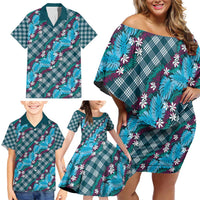 Polynesian Monstera Tiare Floral Family Matching Off Shoulder Short Dress and Hawaiian Shirt Dark Teal Tropical Plaid LT01 - Polynesian Pride