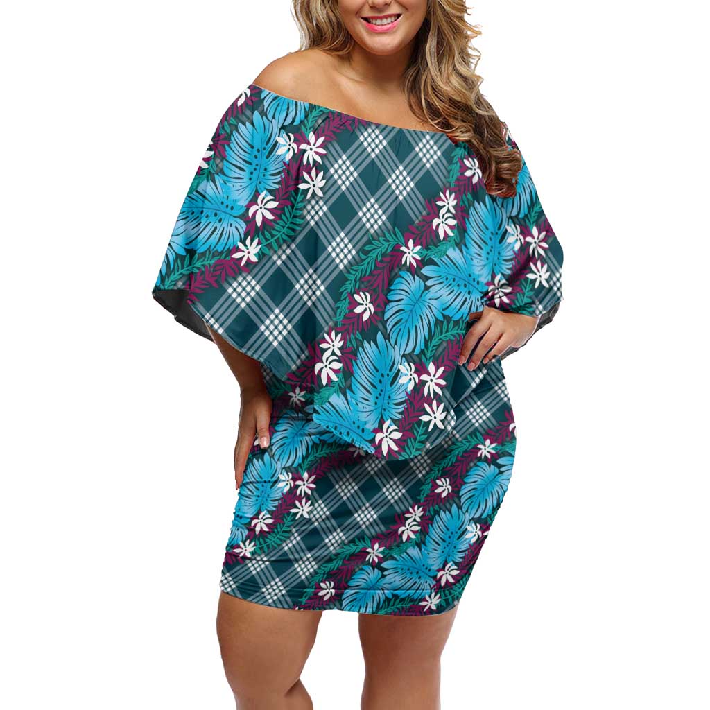 Polynesian Monstera Tiare Floral Family Matching Off Shoulder Short Dress and Hawaiian Shirt Dark Teal Tropical Plaid LT01 Mom's Dress Teal - Polynesian Pride