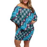 Polynesian Monstera Tiare Floral Family Matching Off Shoulder Short Dress and Hawaiian Shirt Dark Teal Tropical Plaid LT01 Mom's Dress Teal - Polynesian Pride