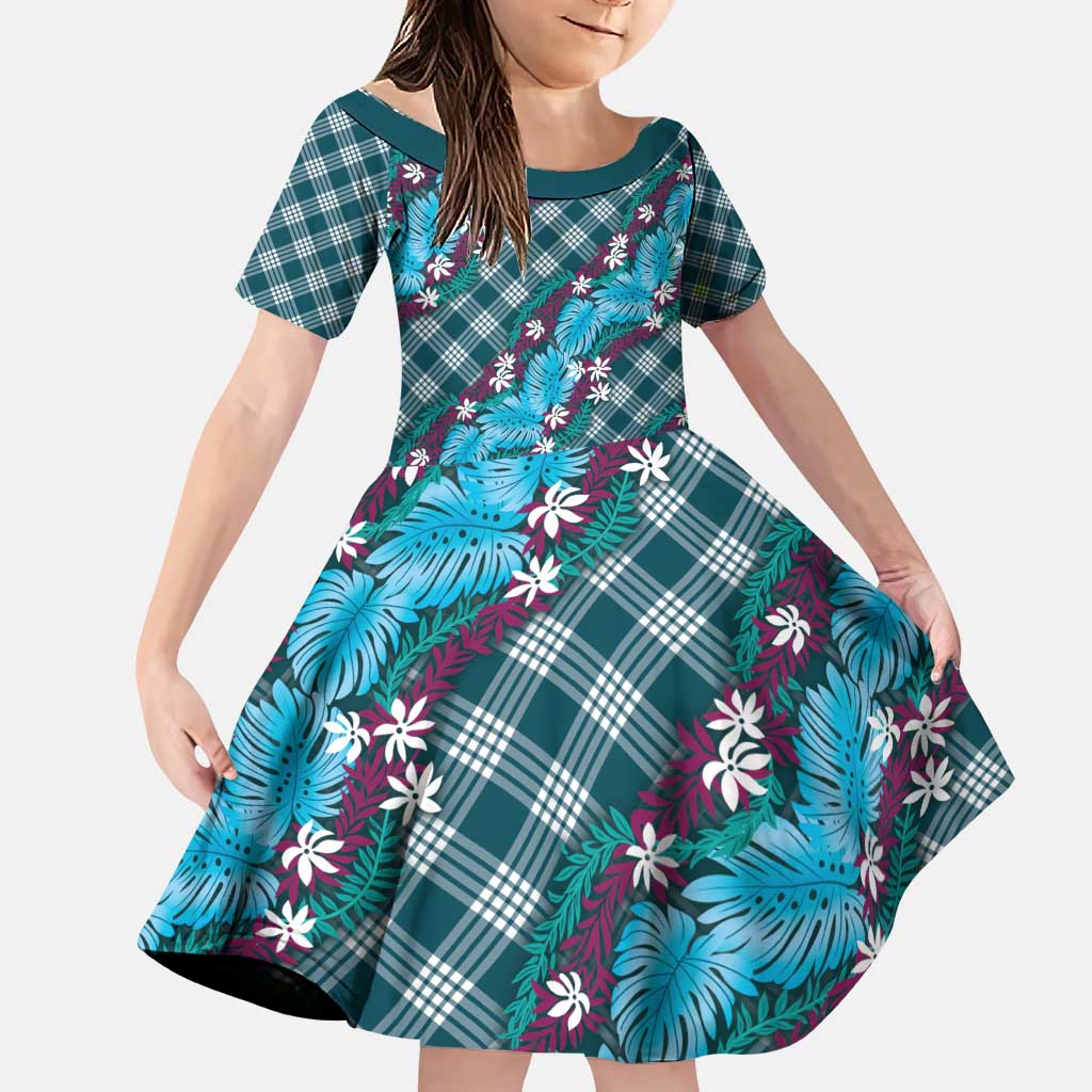 Polynesian Monstera Tiare Floral Family Matching Puletasi and Hawaiian Shirt Dark Teal Tropical Plaid LT01 Daughter's Dress Teal - Polynesian Pride