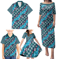 Polynesian Monstera Tiare Floral Family Matching Puletasi and Hawaiian Shirt Dark Teal Tropical Plaid LT01 - Polynesian Pride