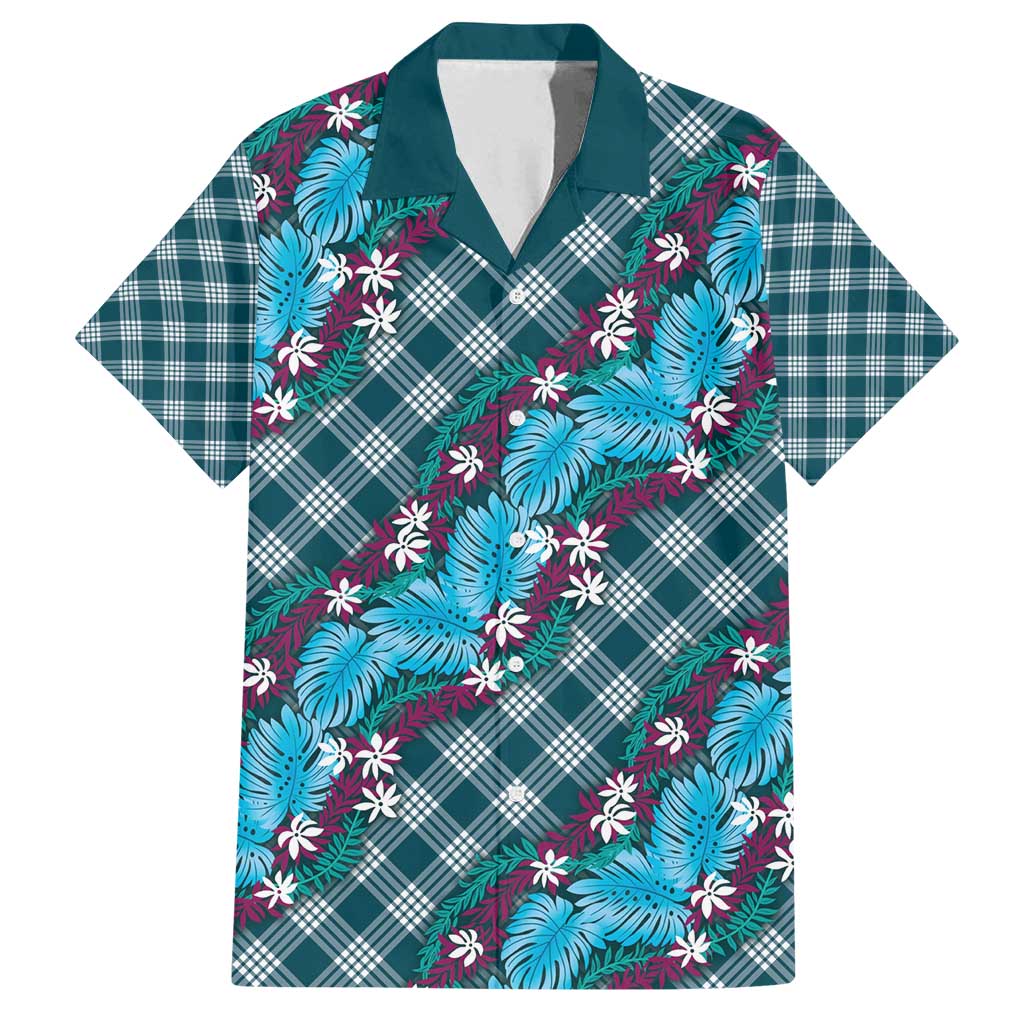 Polynesian Monstera Tiare Floral Family Matching Puletasi and Hawaiian Shirt Dark Teal Tropical Plaid LT01 Dad's Shirt - Short Sleeve Teal - Polynesian Pride
