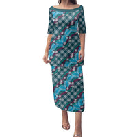Polynesian Monstera Tiare Floral Family Matching Puletasi and Hawaiian Shirt Dark Teal Tropical Plaid LT01 Mom's Dress Teal - Polynesian Pride