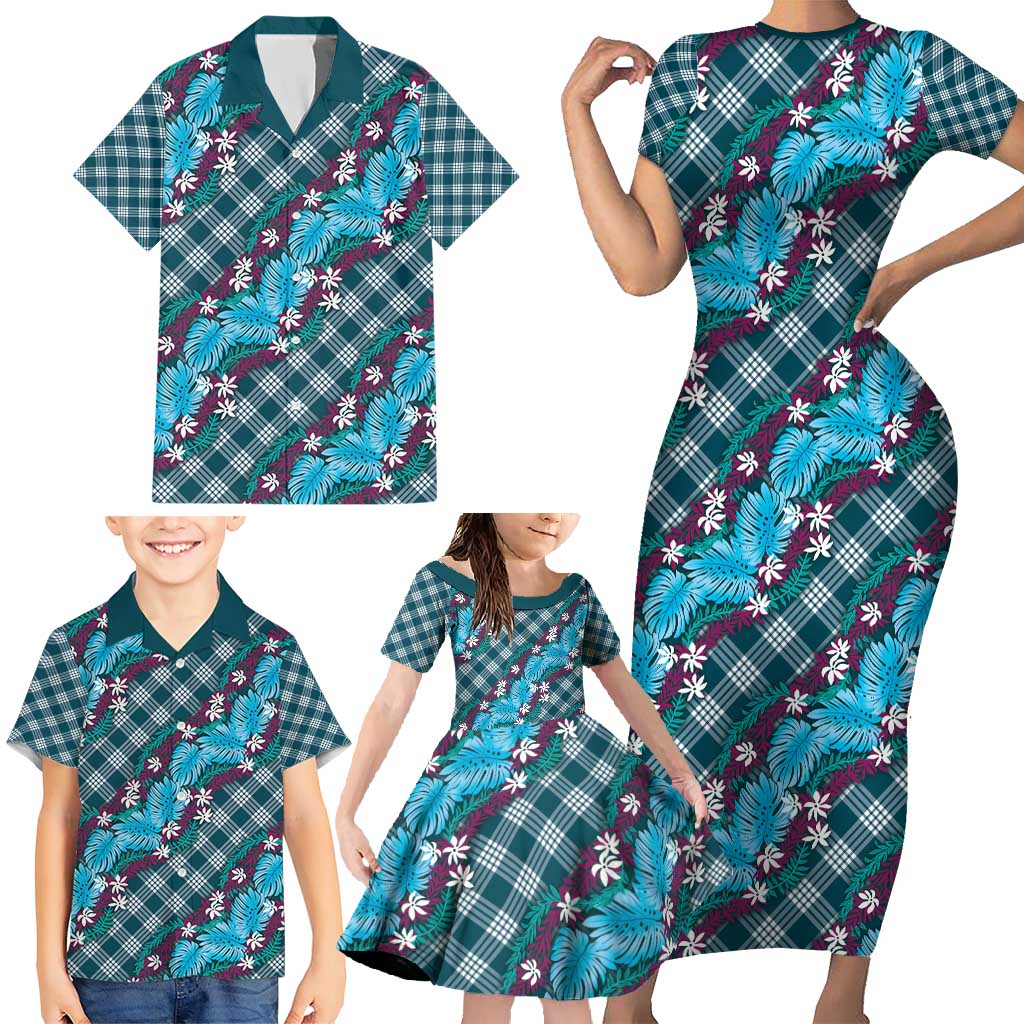 Polynesian Monstera Tiare Floral Family Matching Short Sleeve Bodycon Dress and Hawaiian Shirt Dark Teal Tropical Plaid LT01 - Polynesian Pride