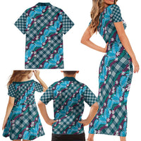 Polynesian Monstera Tiare Floral Family Matching Short Sleeve Bodycon Dress and Hawaiian Shirt Dark Teal Tropical Plaid LT01 - Polynesian Pride