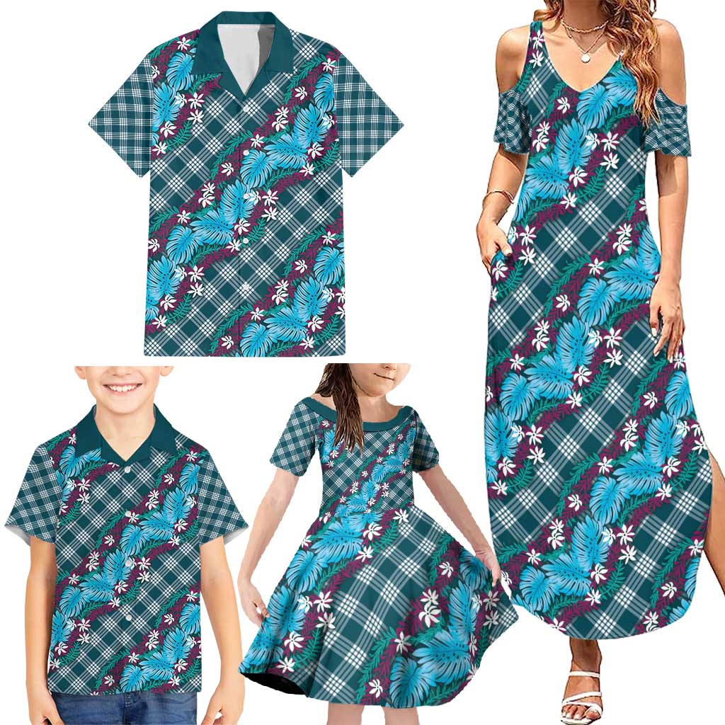 Polynesian Monstera Tiare Floral Family Matching Summer Maxi Dress and Hawaiian Shirt Dark Teal Tropical Plaid LT01 - Polynesian Pride