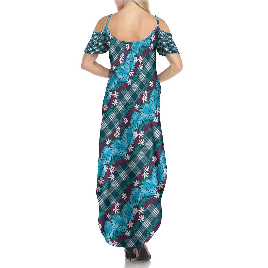 Polynesian Monstera Tiare Floral Family Matching Summer Maxi Dress and Hawaiian Shirt Dark Teal Tropical Plaid LT01 - Polynesian Pride