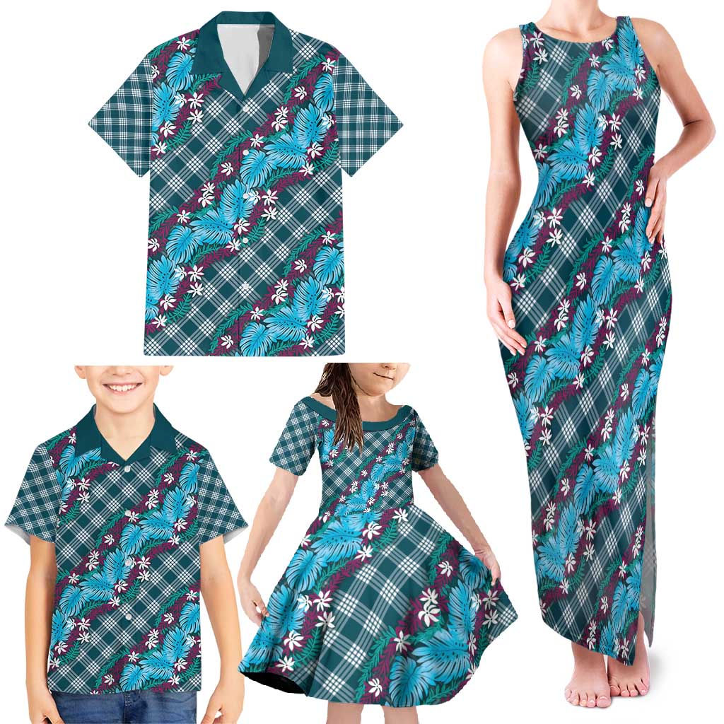 Polynesian Monstera Tiare Floral Family Matching Tank Maxi Dress and Hawaiian Shirt Dark Teal Tropical Plaid LT01 - Polynesian Pride