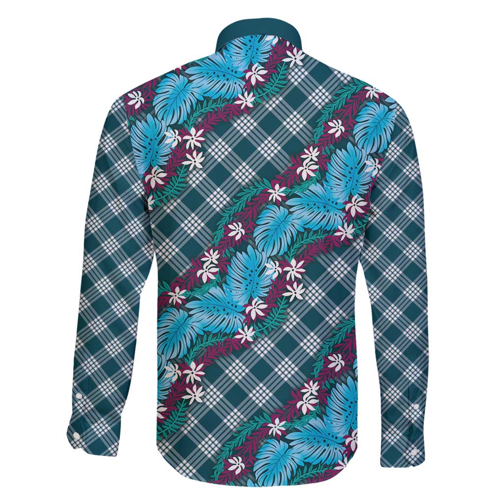 Polynesian Monstera Tiare Floral Family Matching Tank Maxi Dress and Hawaiian Shirt Dark Teal Tropical Plaid LT01 - Polynesian Pride