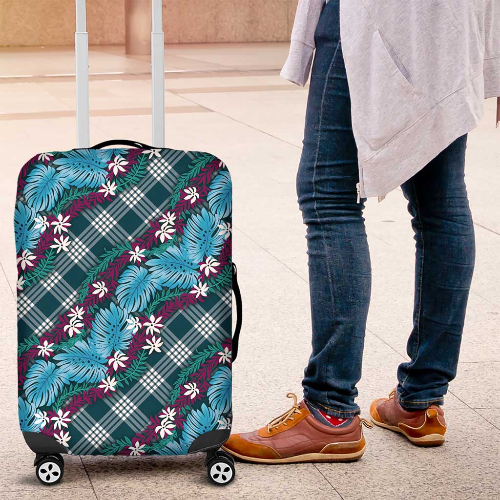 Polynesian Monstera Tiare Floral Luggage Cover Dark Teal Tropical Plaid LT01 Teal - Polynesian Pride