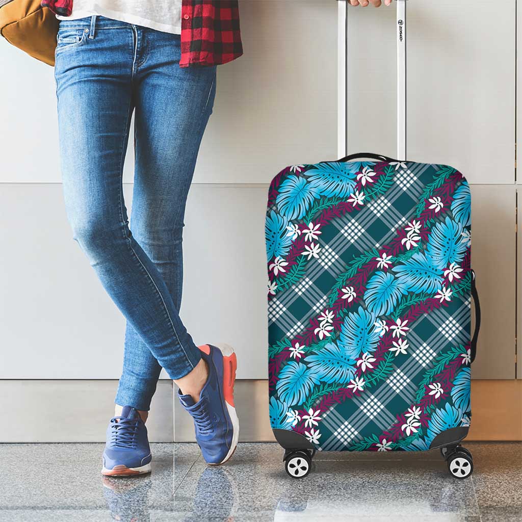 Polynesian Monstera Tiare Floral Luggage Cover Dark Teal Tropical Plaid - Polynesian Pride