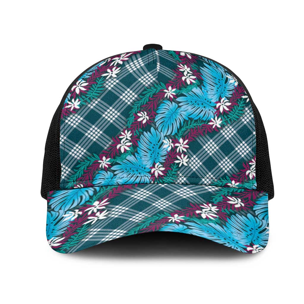 Polynesian Monstera Tiare Floral Mesh Trucker Cap Dark Teal Tropical Plaid - Polynesian Pride